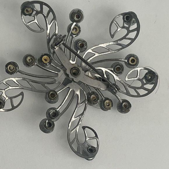 VTG Brooch Blue Rhinestones Star Burst Snowflake Art Deco Silver Tone - Picture 5 of 10